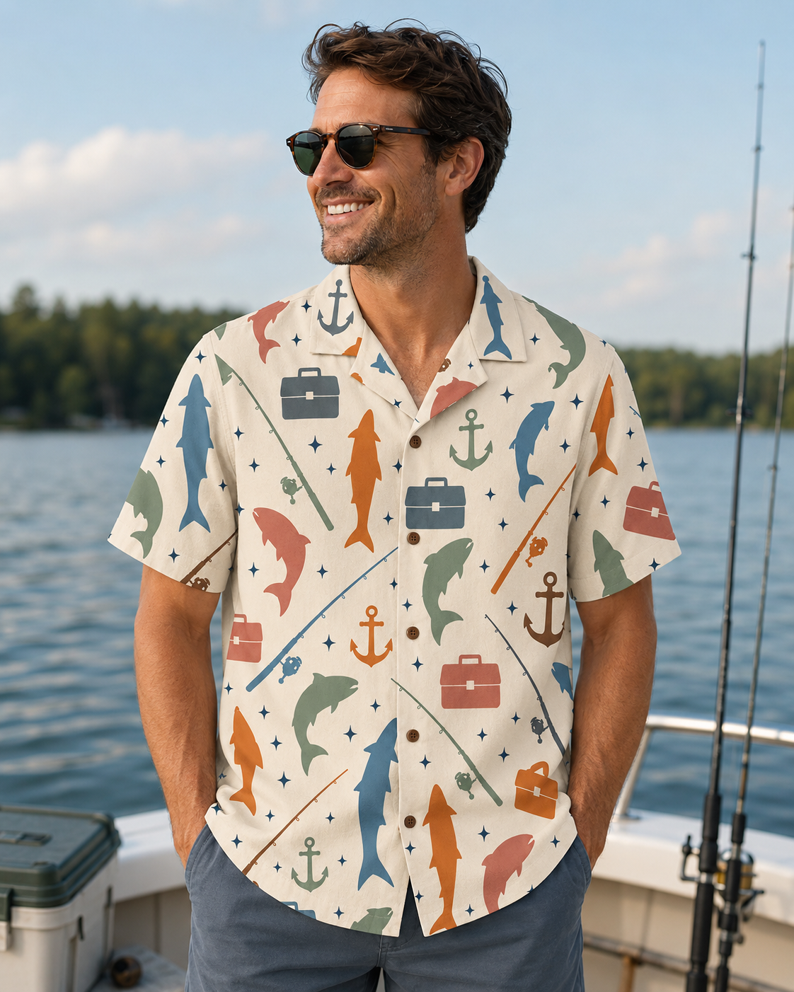 Cream Retro Colorful Fish Anchor Rod Tackle Box Shirt