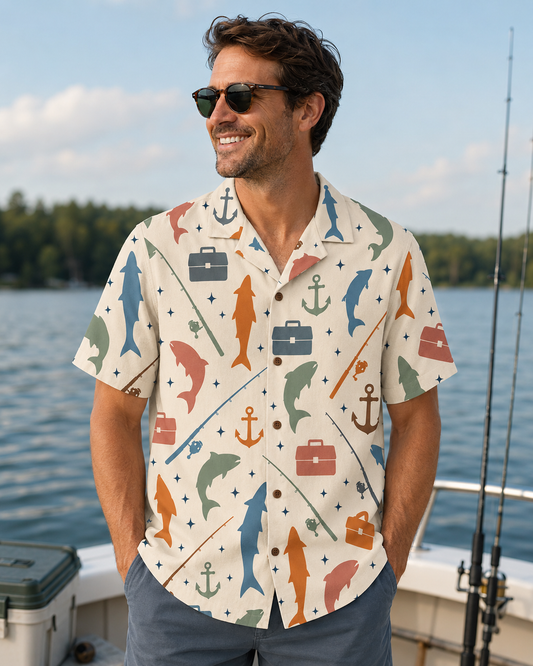 Cream Retro Colorful Fish Anchor Rod Tackle Box Shirt