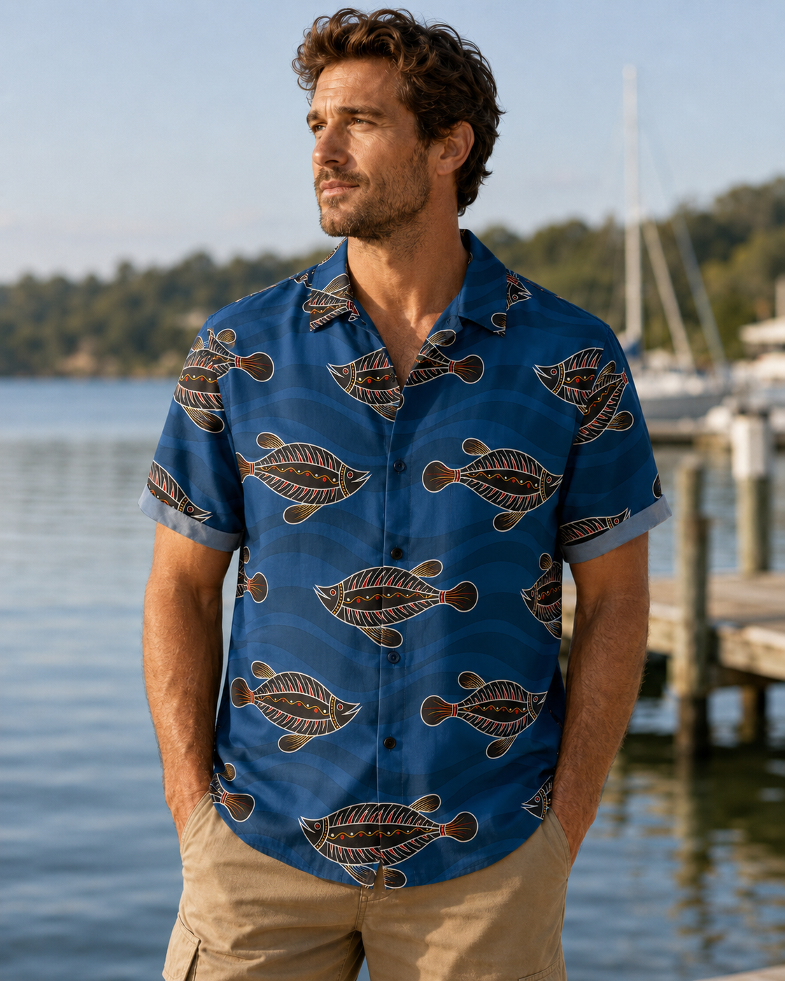 Navy Blue Aboriginal Tribal Flatfish Pattern Camp Shirt