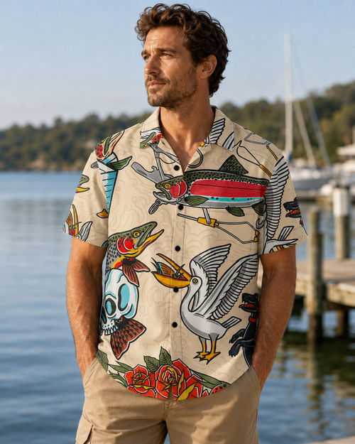Old School Tattoo Art Fish Skull Pelican Camp Shirt