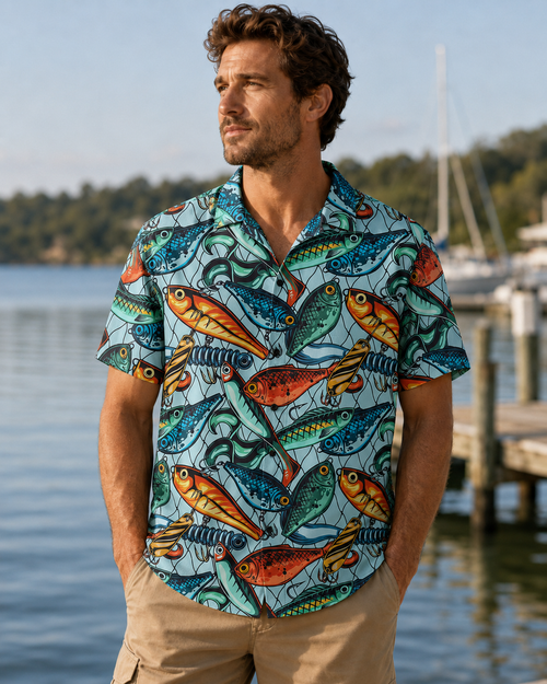 Colorful Fishing Lures Hooks Net Pattern Hawaii Shirt