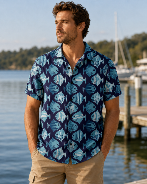 Navy Purple Cartoon Abstract Fish School Camp Shirt