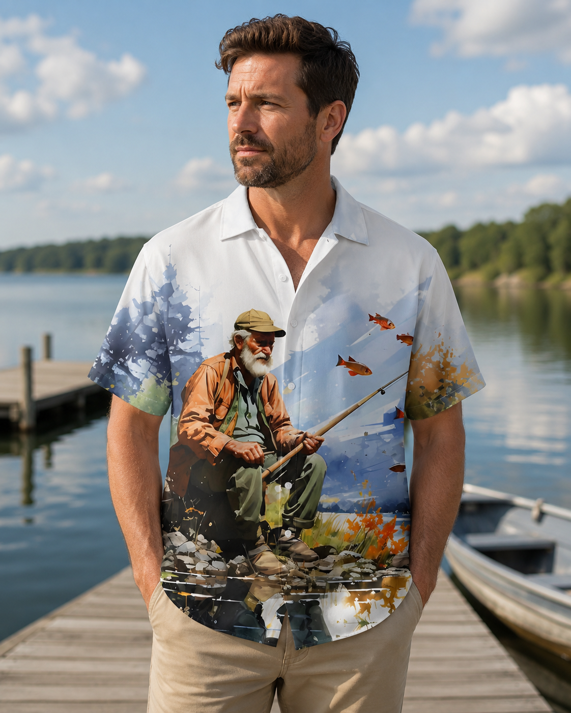 Men's Watercolor Old Man Fishing By Lake Hawaiian Shirt