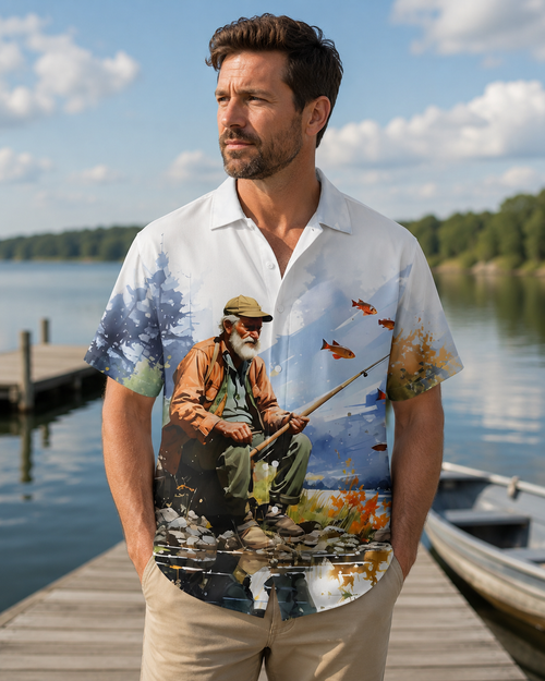 Men's Watercolor Old Man Fishing By Lake Hawaiian Shirt