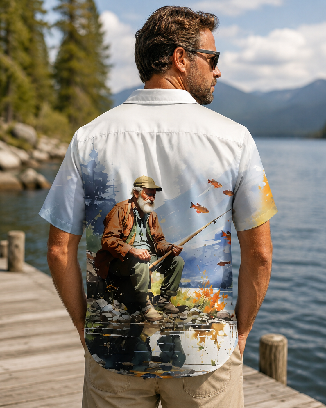 Men's Watercolor Old Man Fishing By Lake Hawaiian Shirt