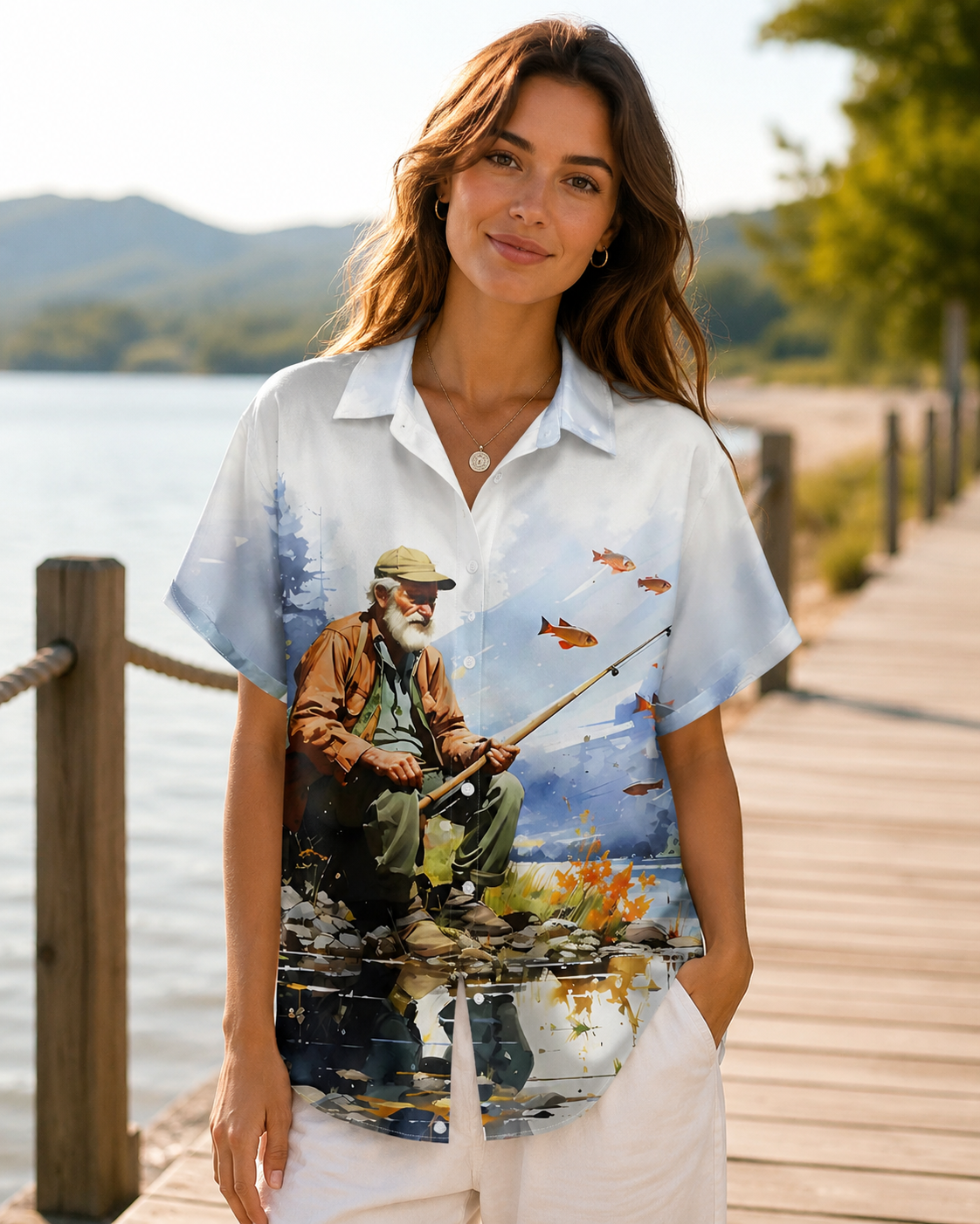 Men's Watercolor Old Man Fishing By Lake Hawaiian Shirt