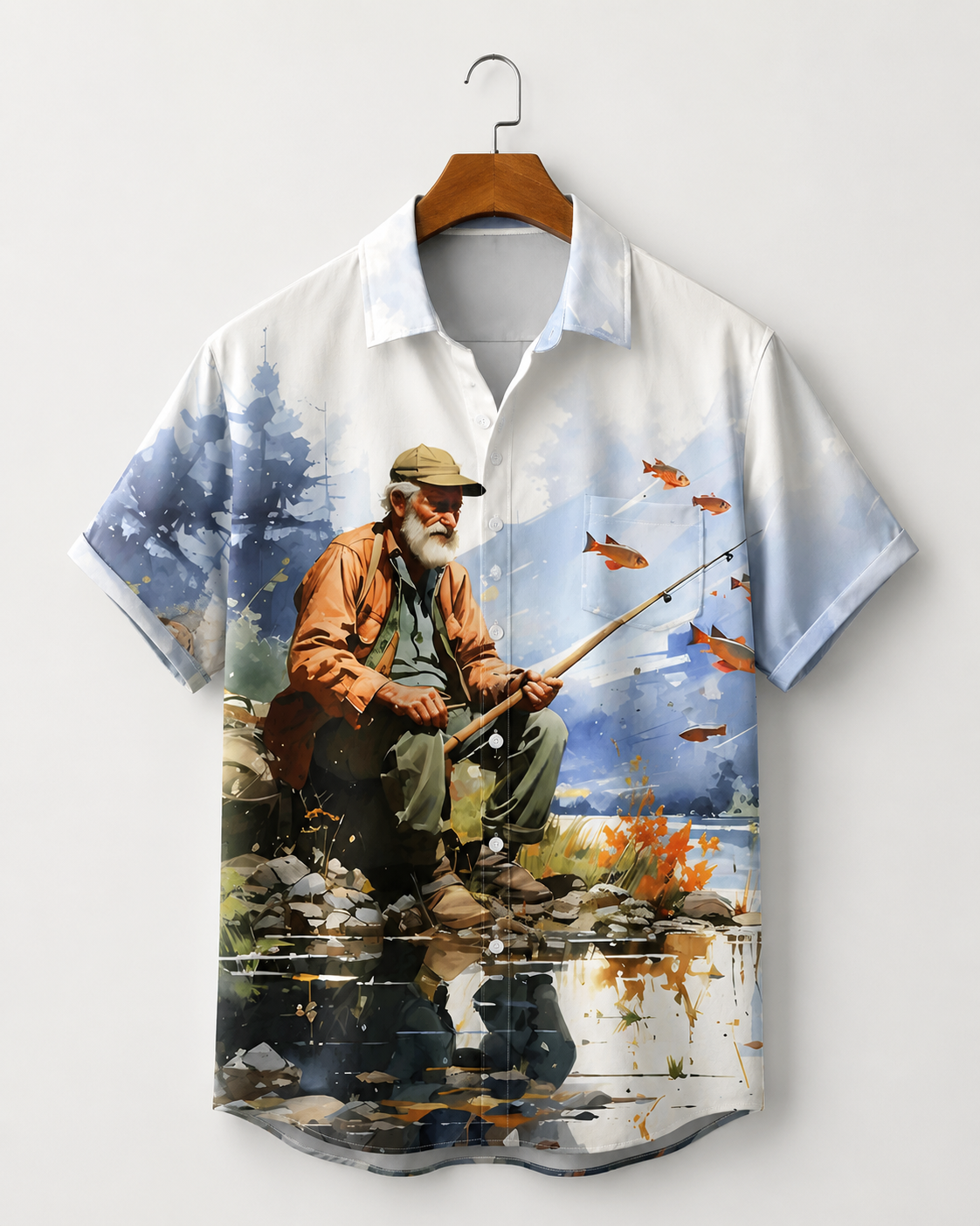 Men's Watercolor Old Man Fishing By Lake Hawaiian Shirt