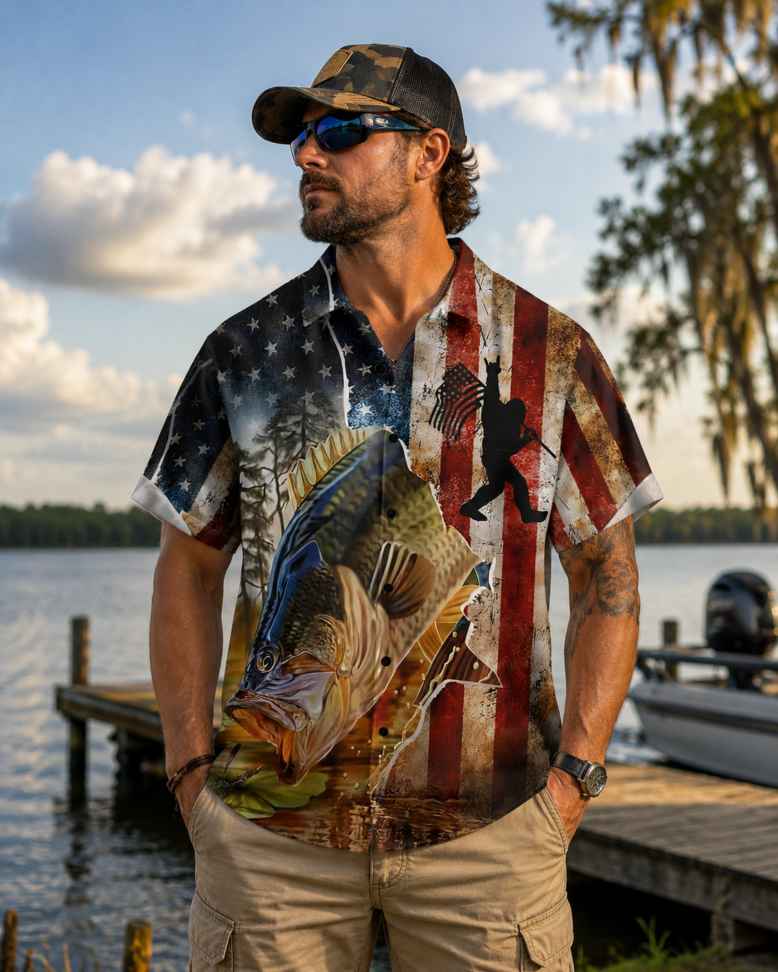 Men's Patriotic Bass Fish American Flag Hawaiian Shirt