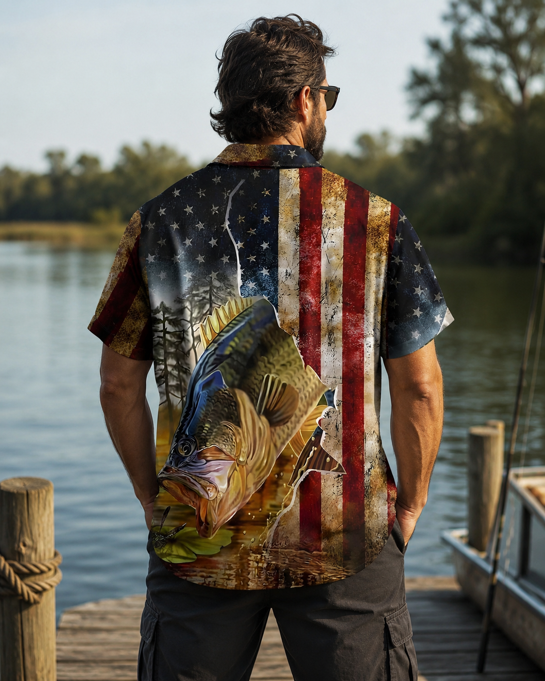 Men's Patriotic Bass Fish American Flag Hawaiian Shirt