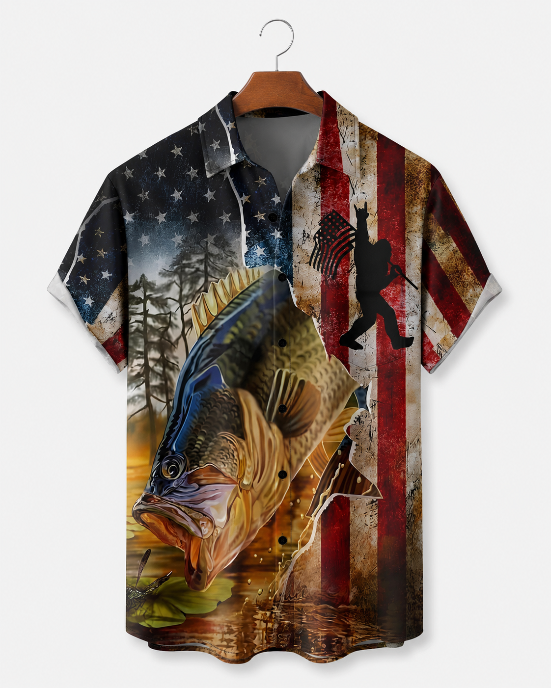 Men's Patriotic Bass Fish American Flag Hawaiian Shirt