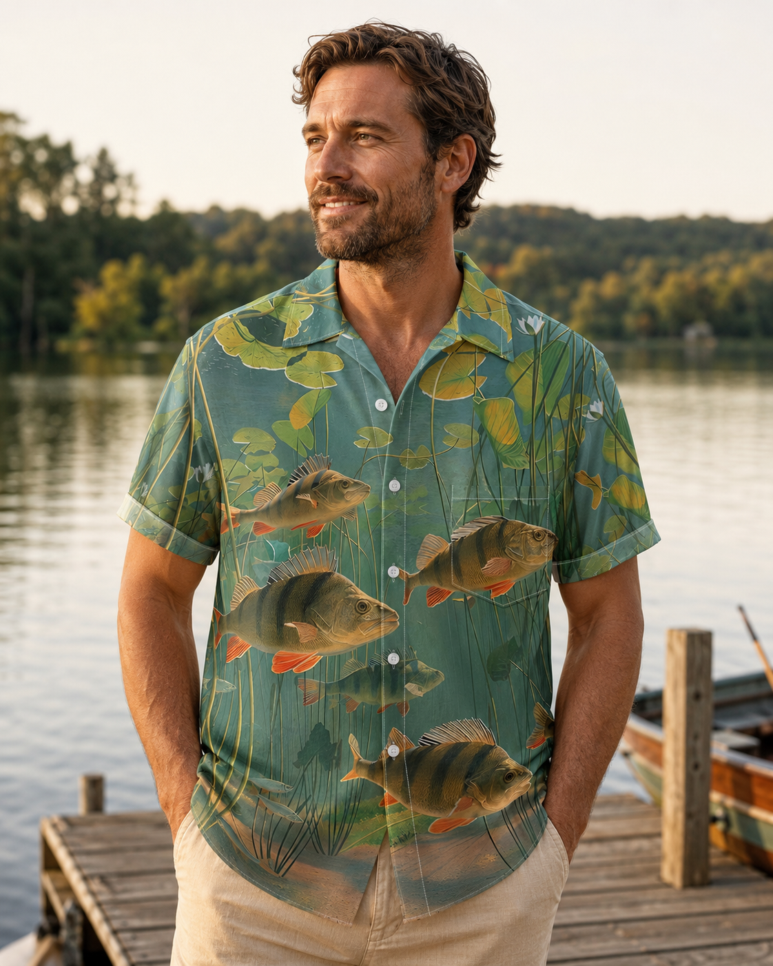 Men's Perch Fish Lily Pad Pond Green Hawaiian Shirt