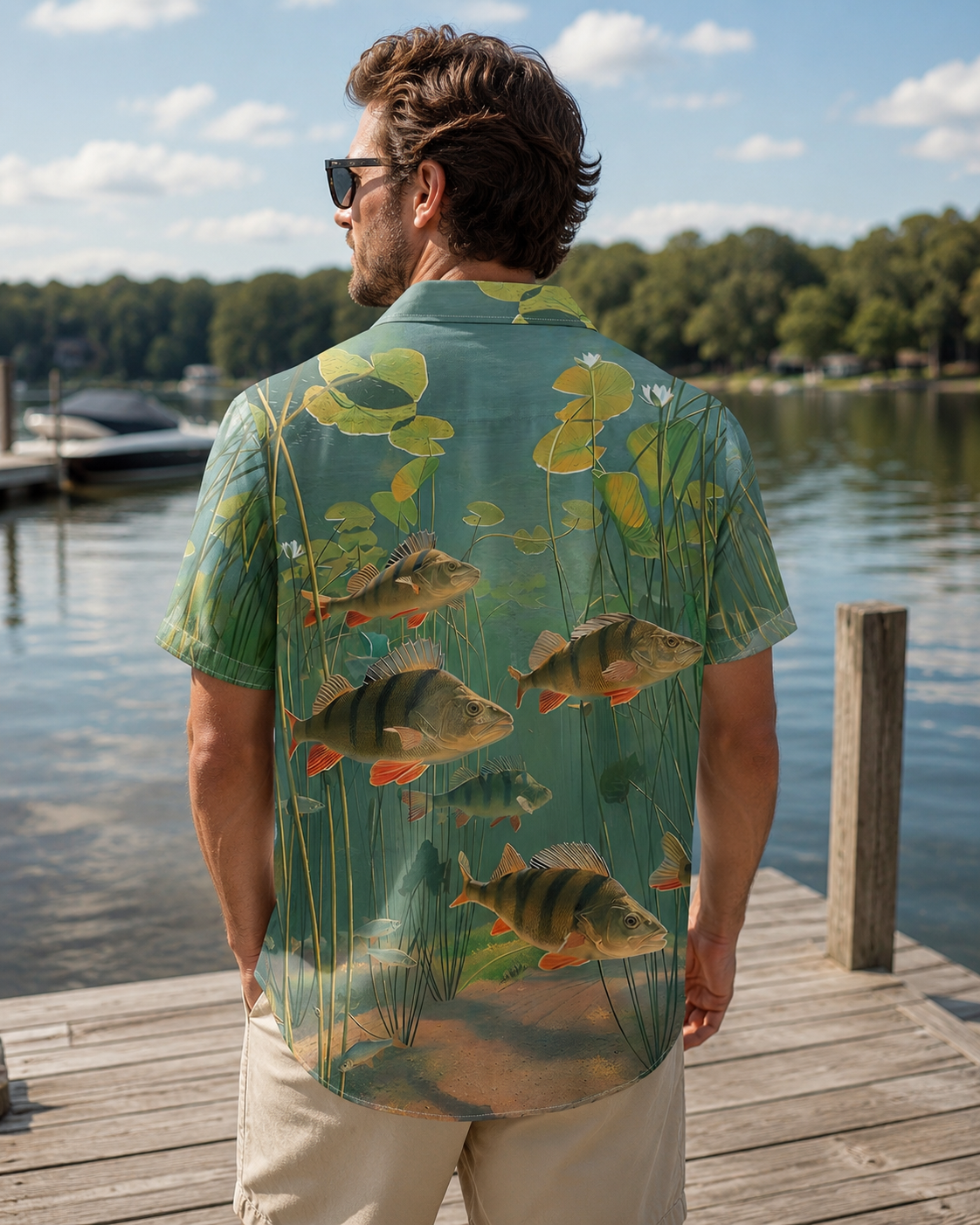 Men's Perch Fish Lily Pad Pond Green Hawaiian Shirt