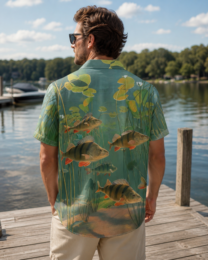 Men's Perch Fish Lily Pad Pond Green Hawaiian Shirt