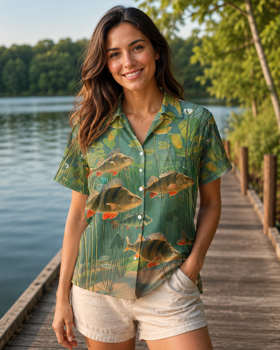 Men's Perch Fish Lily Pad Pond Green Hawaiian Shirt