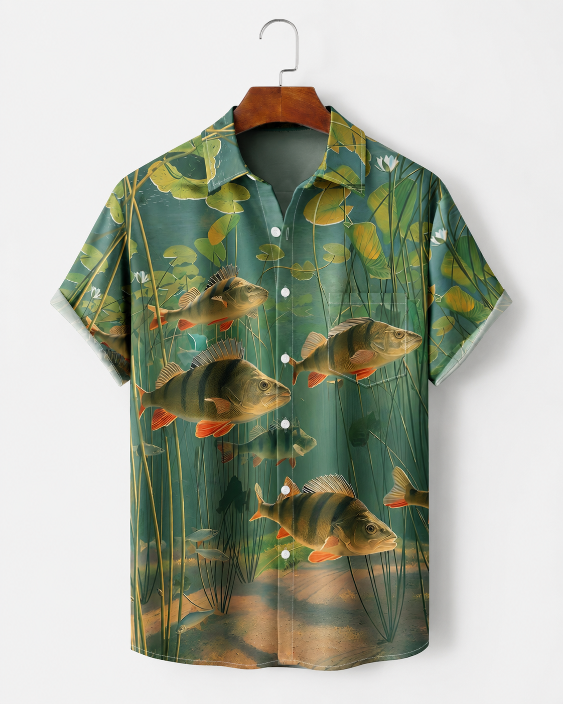 Men's Perch Fish Lily Pad Pond Green Hawaiian Shirt