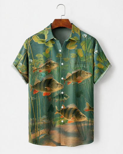 Men's Perch Fish Lily Pad Pond Green Hawaiian Shirt
