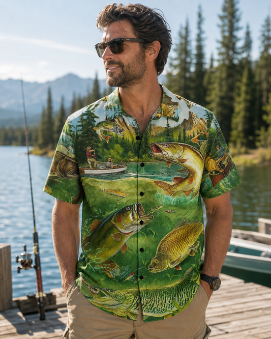 Men's Vintage Lake Fishing Hawaiian Shirt | Short Sleeve Shirt