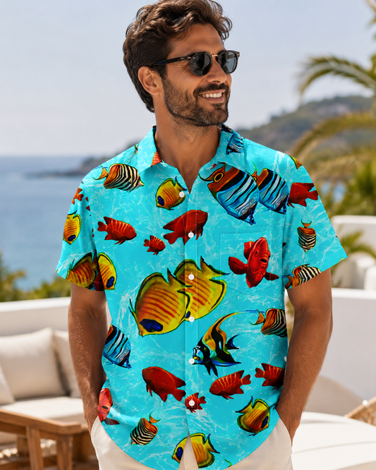 Aqua Blue Colorful Tropical Fish Reef Hawaii Camp Shirt
