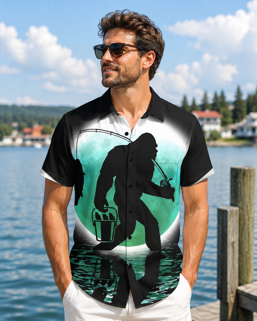 Bigfoot Sasquatch Fishing Moon Night Silhouette Shirt