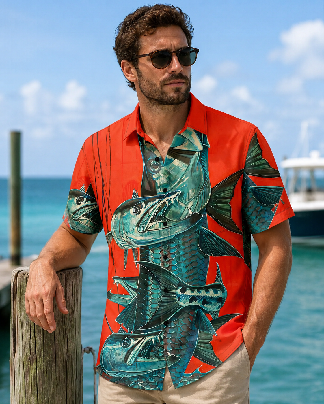 Red Bold Teal Tarpon Predator Fish Art Camp Shirt