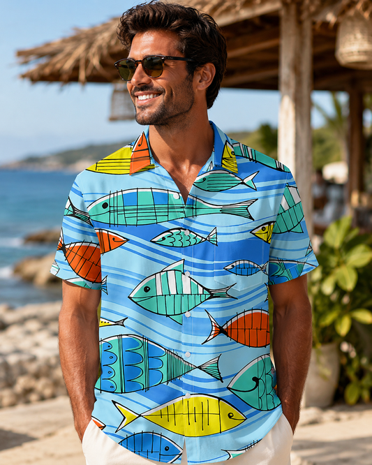 Blue Wave Retro Cartoon Doodle Fish Hawaii Camp Shirt