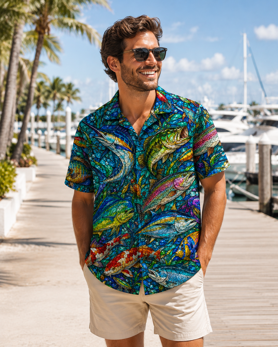 Stained Glass Fish Marlin Koi Men's Hawaiian Shirt