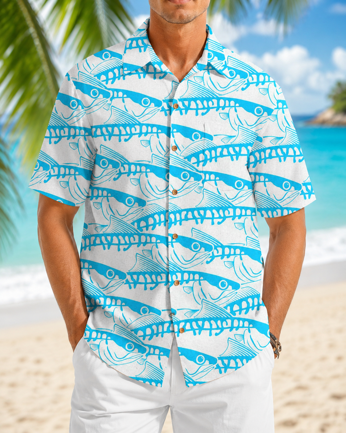 Men's Fish Bone Line Art Hawaiian Shirt | Short Sleeve Shirt
