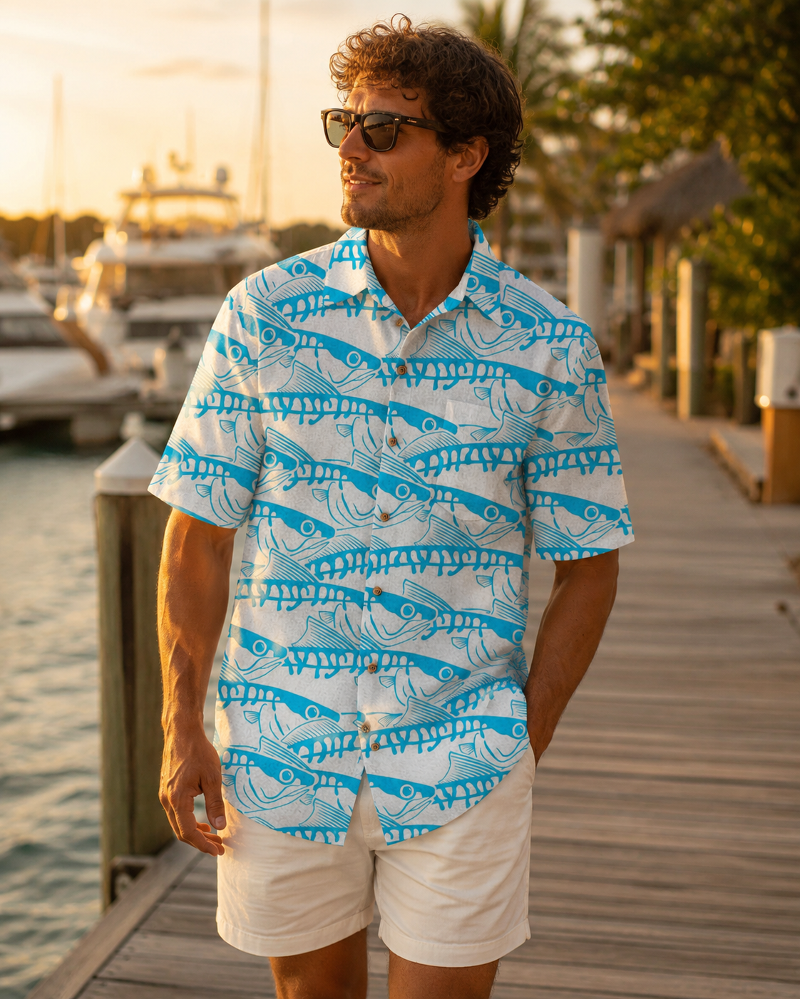 Men's Fish Bone Line Art Hawaiian Shirt | Short Sleeve Shirt