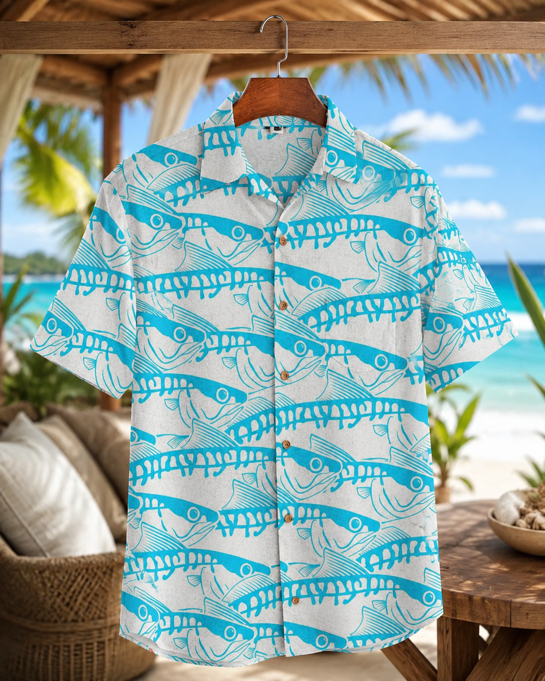 Men's Fish Bone Line Art Hawaiian Shirt | Short Sleeve Shirt
