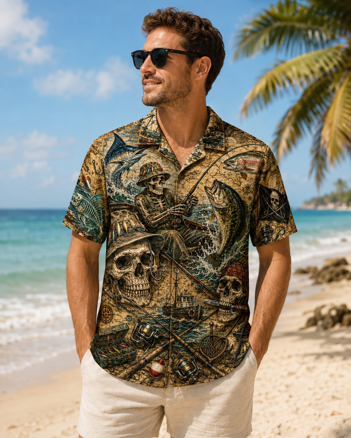 Skull Pirate Fisherman Vintage Map Men's Hawaiian Shirt