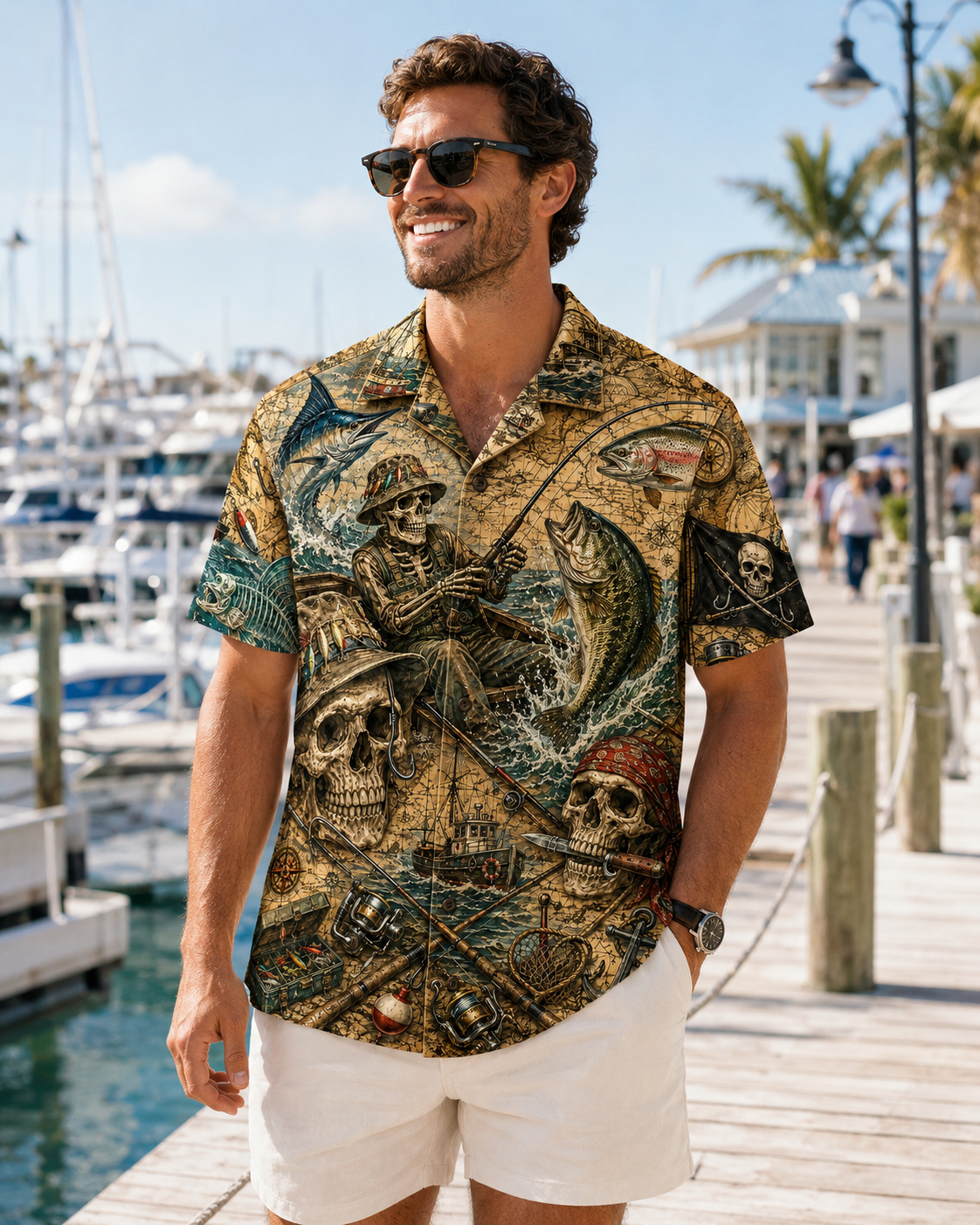 Skull Pirate Fisherman Vintage Map Men's Hawaiian Shirt