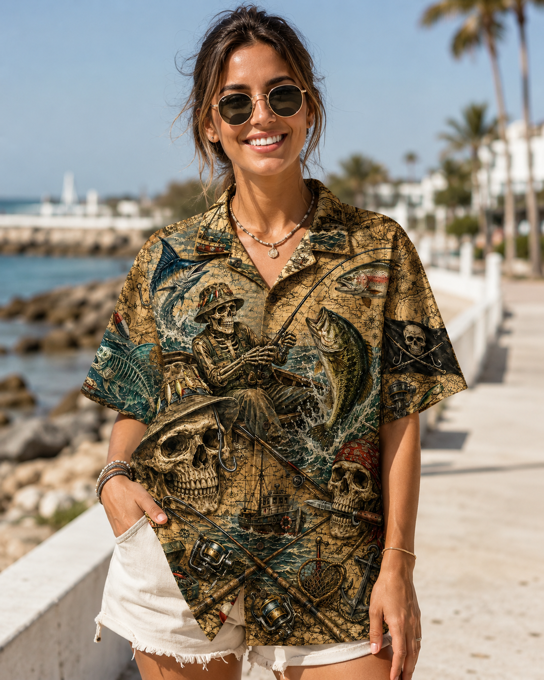 Skull Pirate Fisherman Vintage Map Men's Hawaiian Shirt