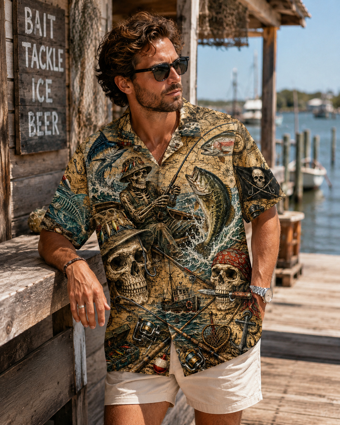 Skull Pirate Fisherman Vintage Map Men's Hawaiian Shirt