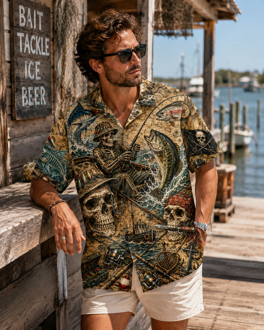 Skull Pirate Fisherman Vintage Map Men's Hawaiian Shirt