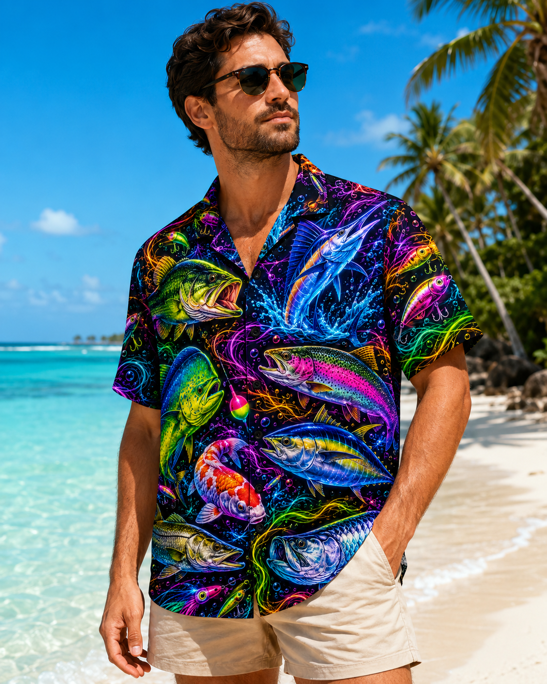 Neon Glow Multi Fish Marlin Koi Men's Hawaiian Shirt