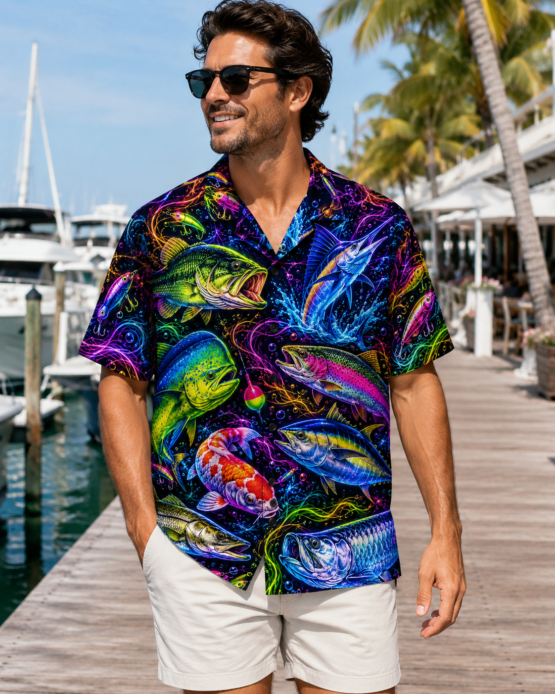 Neon Glow Multi Fish Marlin Koi Men's Hawaiian Shirt