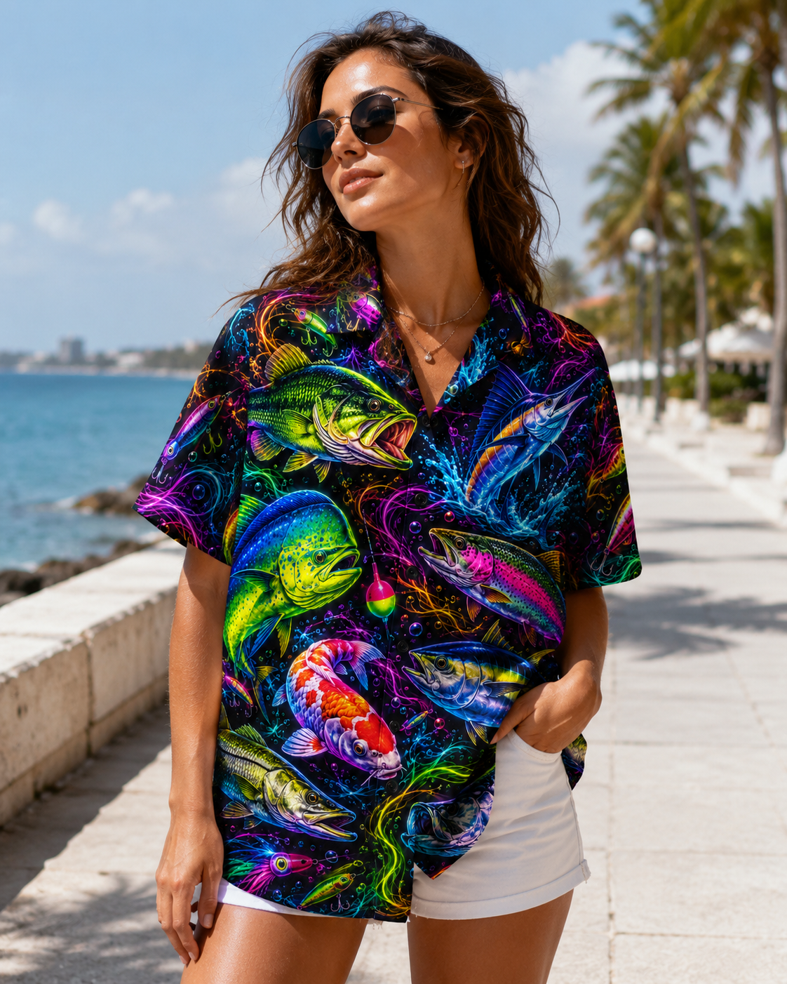 Neon Glow Multi Fish Marlin Koi Men's Hawaiian Shirt