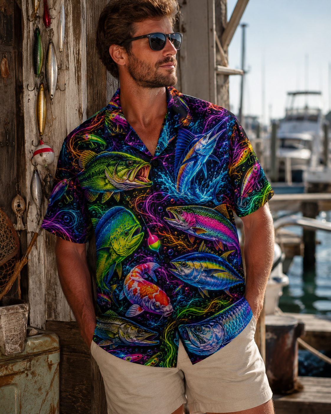 Neon Glow Multi Fish Marlin Koi Men's Hawaiian Shirt