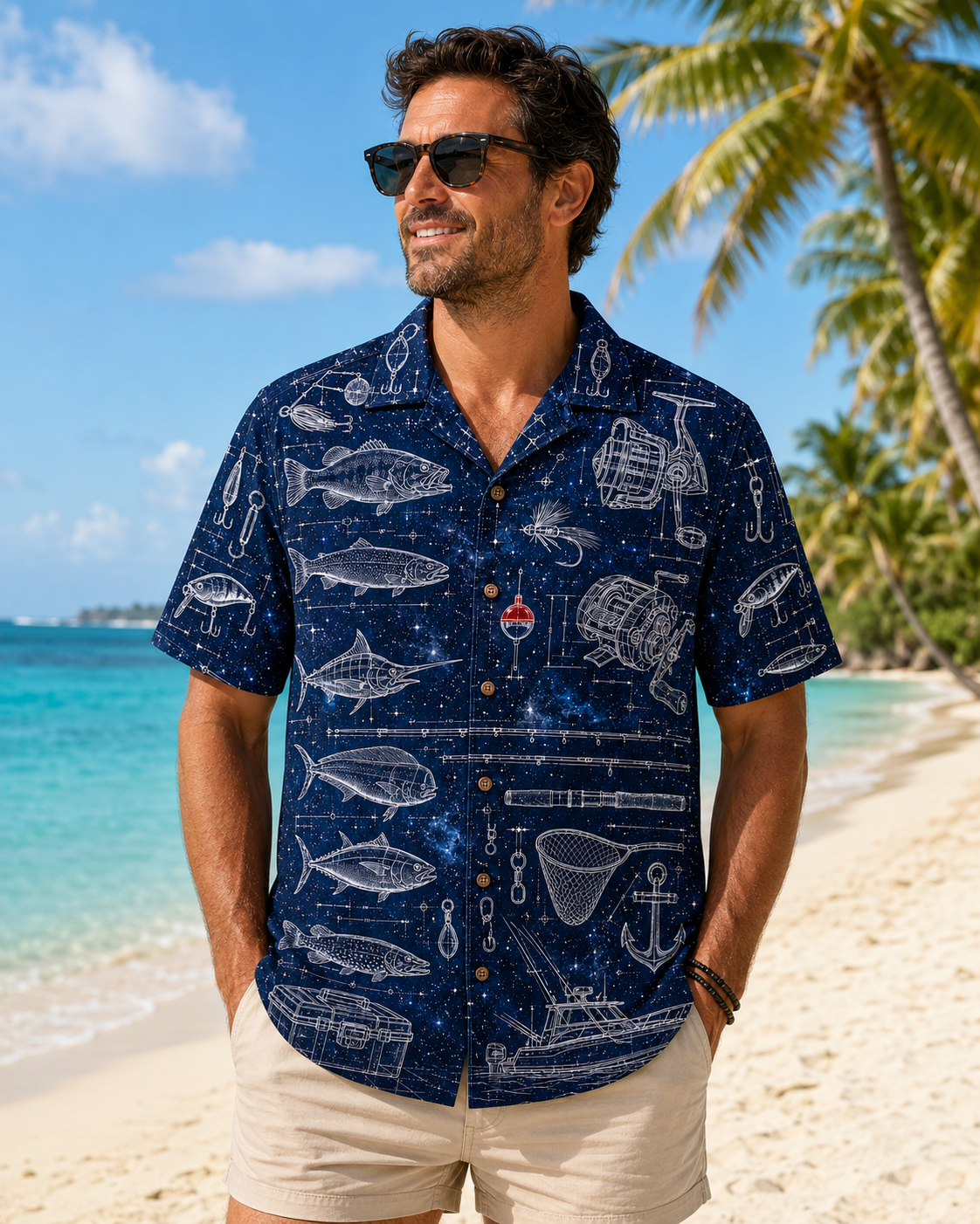 Fishing Gear Blueprint Galaxy Navy Men's Hawaiian Shirt