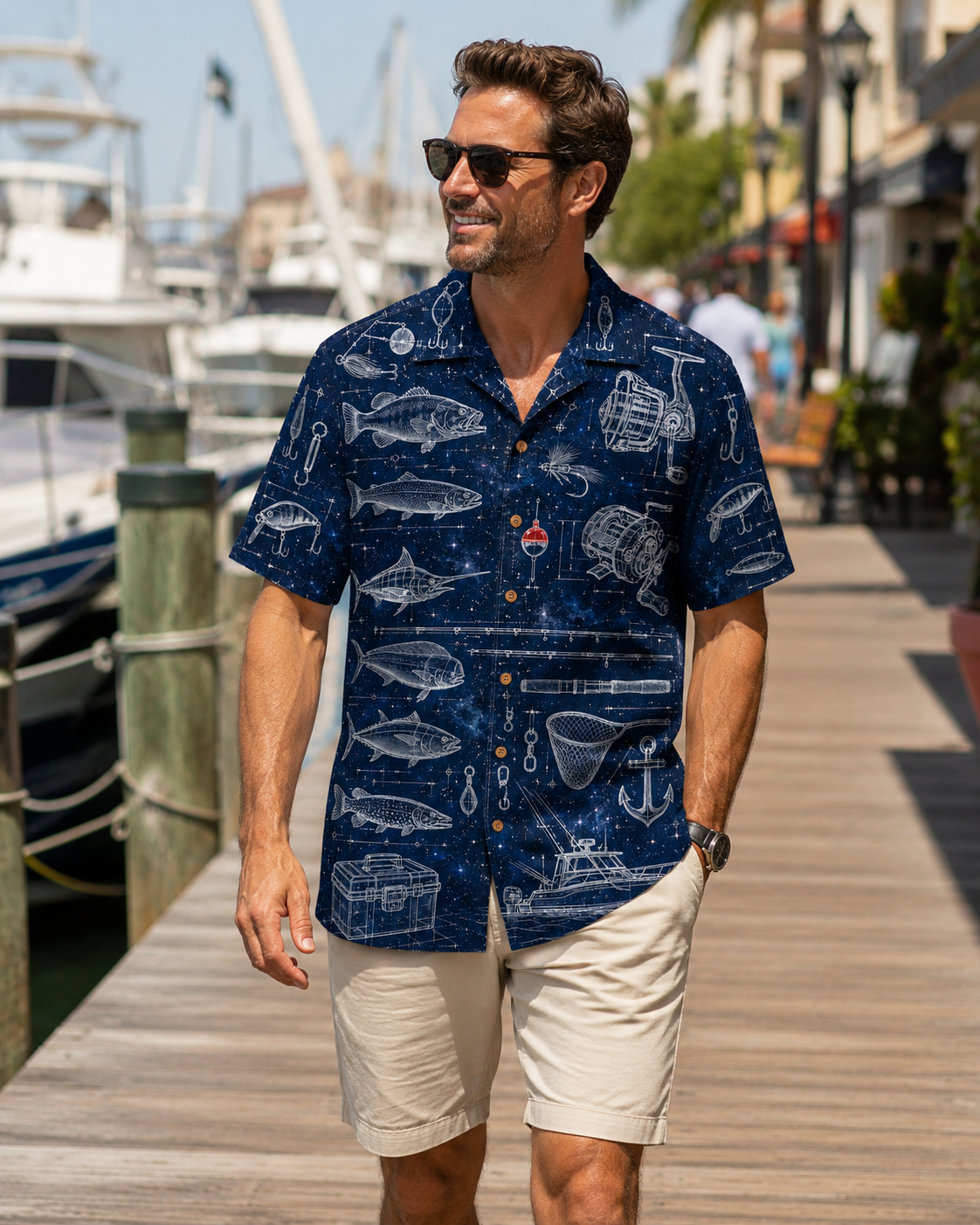 Fishing Gear Blueprint Galaxy Navy Men's Hawaiian Shirt
