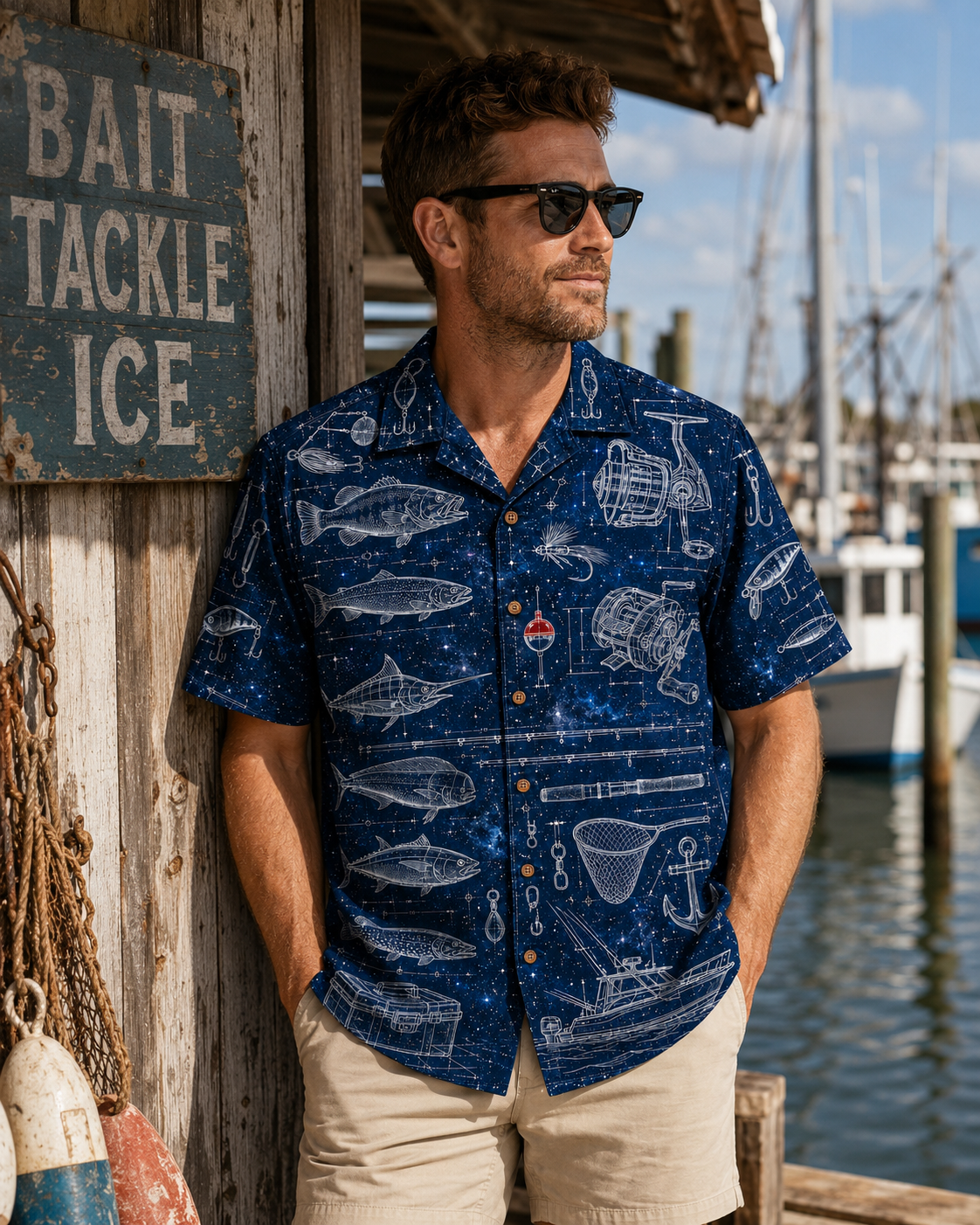 Fishing Gear Blueprint Galaxy Navy Men's Hawaiian Shirt