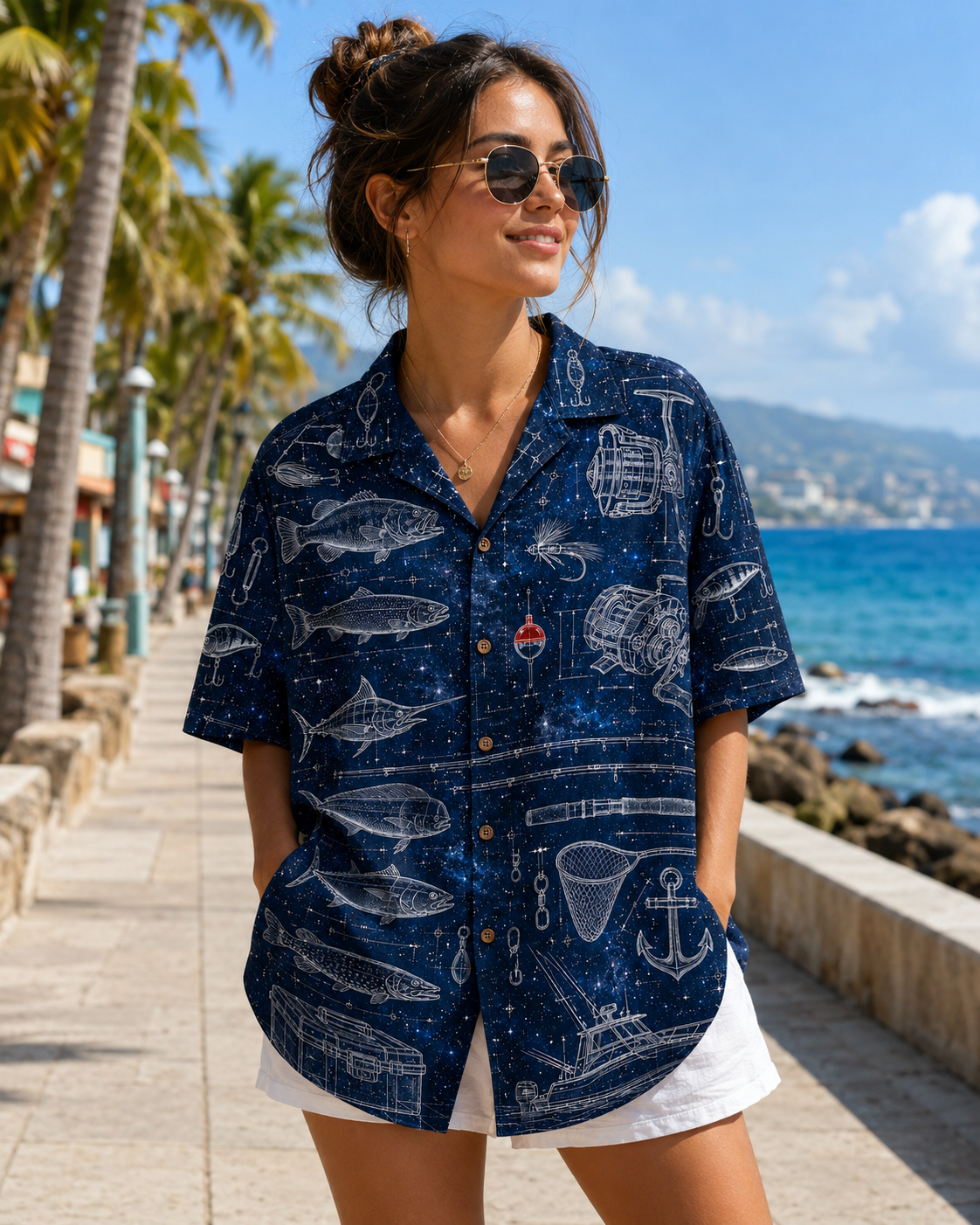 Fishing Gear Blueprint Galaxy Navy Men's Hawaiian Shirt