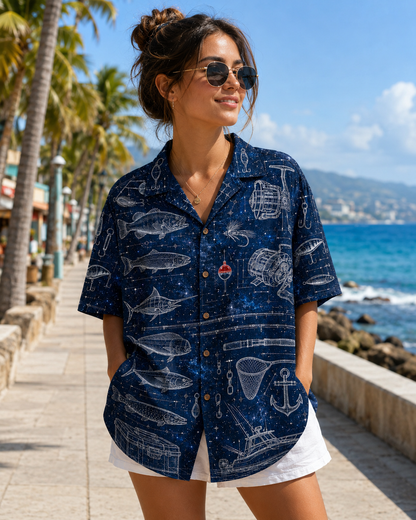 Fishing Gear Blueprint Galaxy Navy Men's Hawaiian Shirt