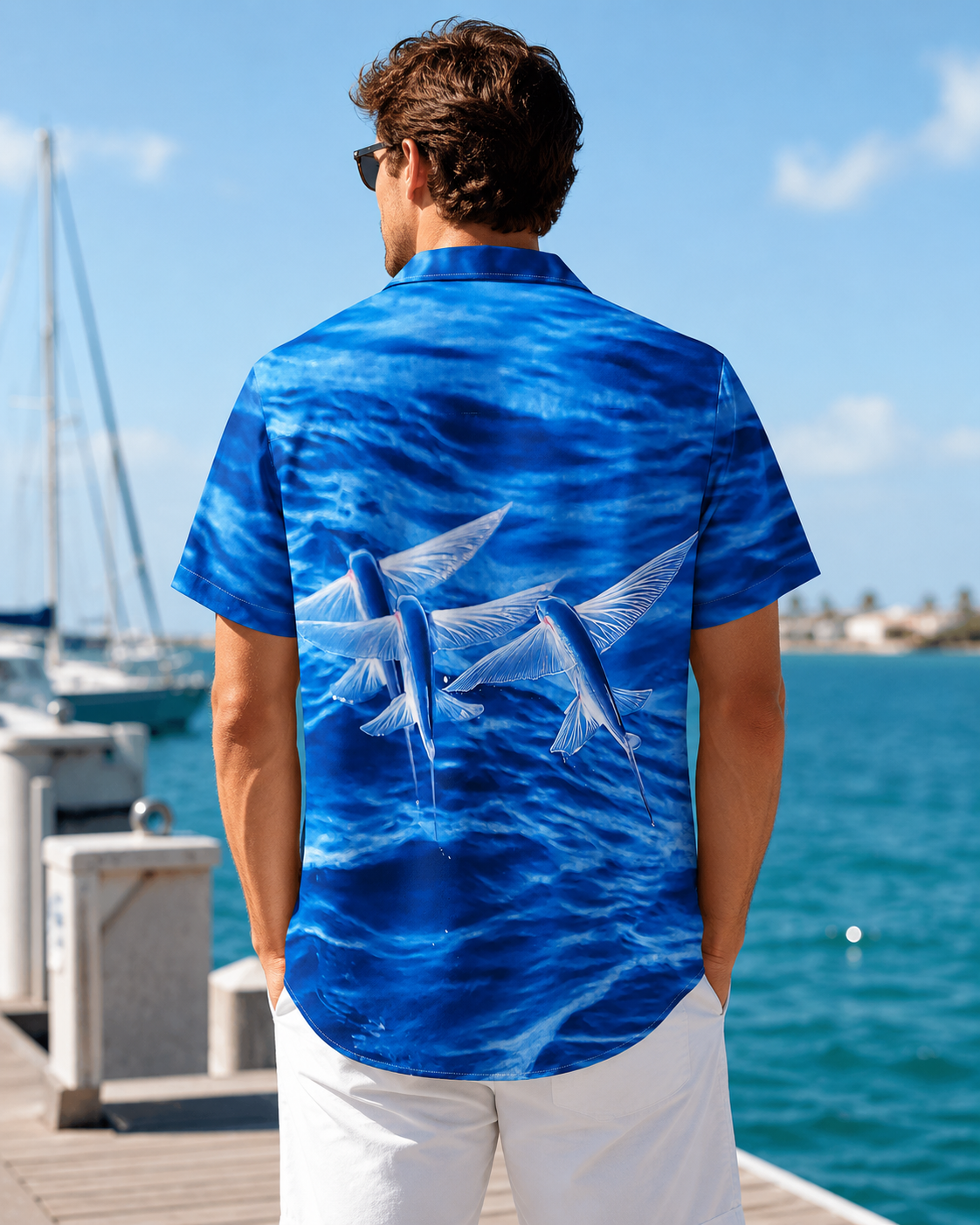 Men's Flying Fish Blue Ocean Wave Hawaiian Shirt