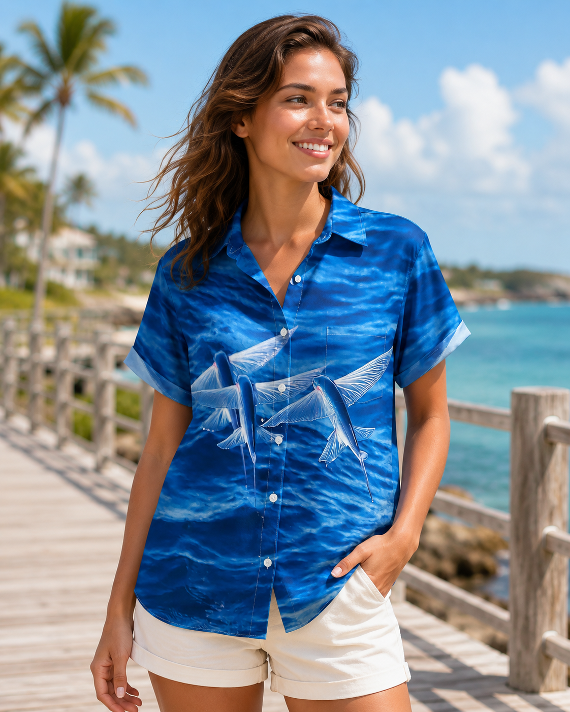 Men's Flying Fish Blue Ocean Wave Hawaiian Shirt