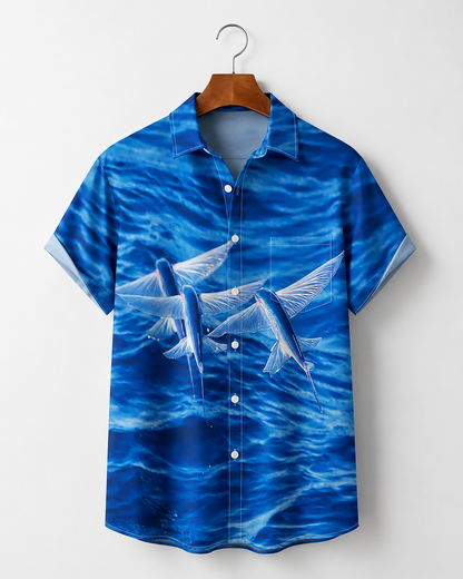 Men's Flying Fish Blue Ocean Wave Hawaiian Shirt