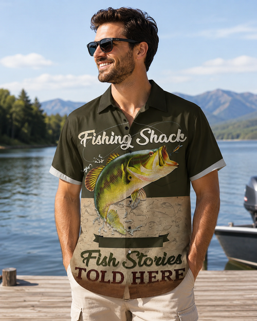 Men's Fishing Shack Fish Stories Bass Shirt | Short Sleeve