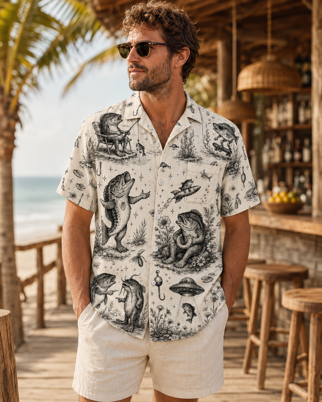 Funny Bass Fish Sketch Toile Men's Hawaiian Shirt