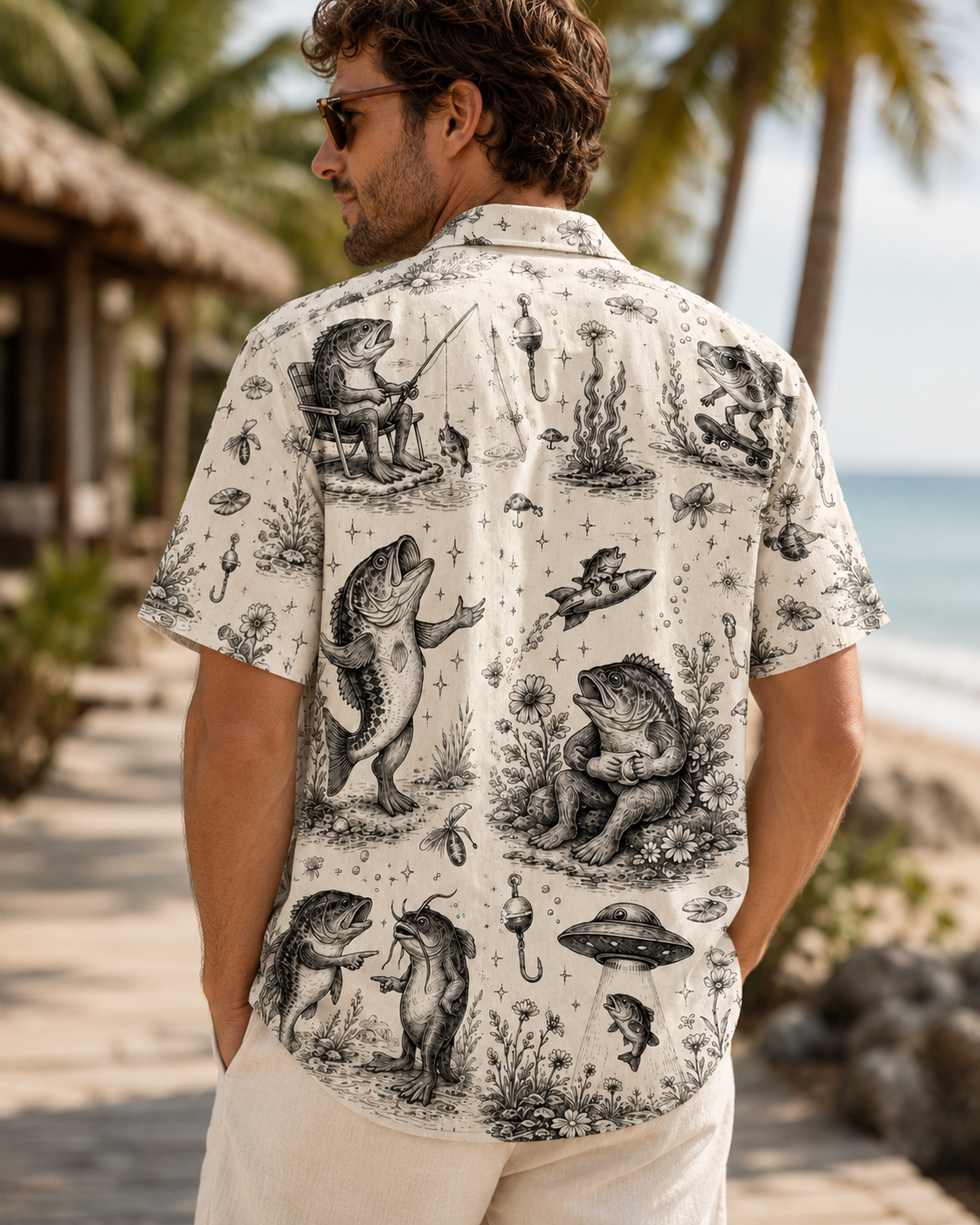 Funny Bass Fish Sketch Toile Men's Hawaiian Shirt