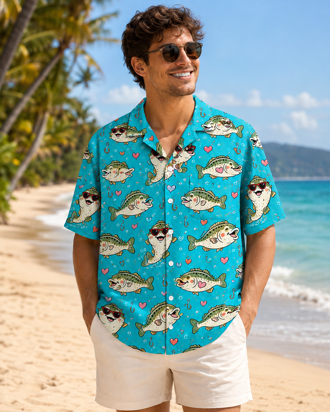Cute Bass Fish Sunglasses Heart Men's Hawaiian Shirt